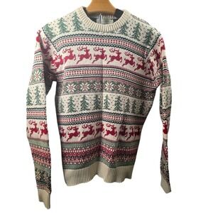 Aspen Mens Christmas Fair‎ Isle Reindeer Tree Sweater Cream Red Green Small